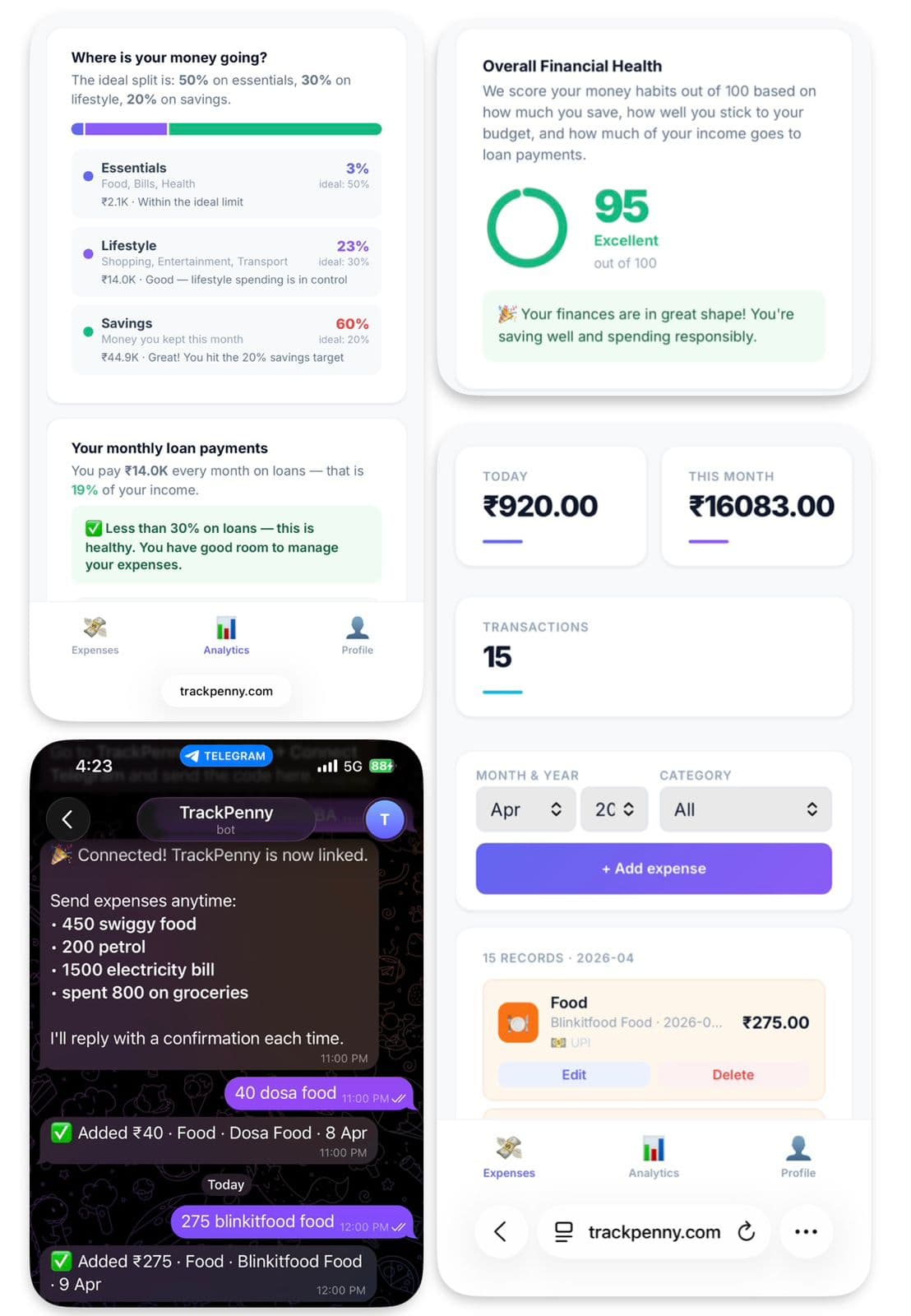 Send expense on Telegram — appears in TrackPenny instantly